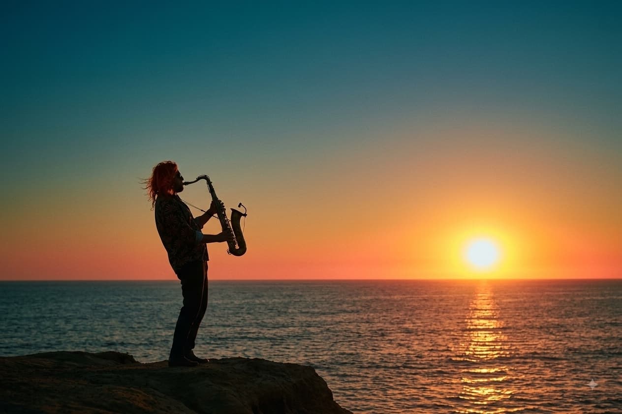Saxofonista tocando ao pôr do sol, à beira-mar